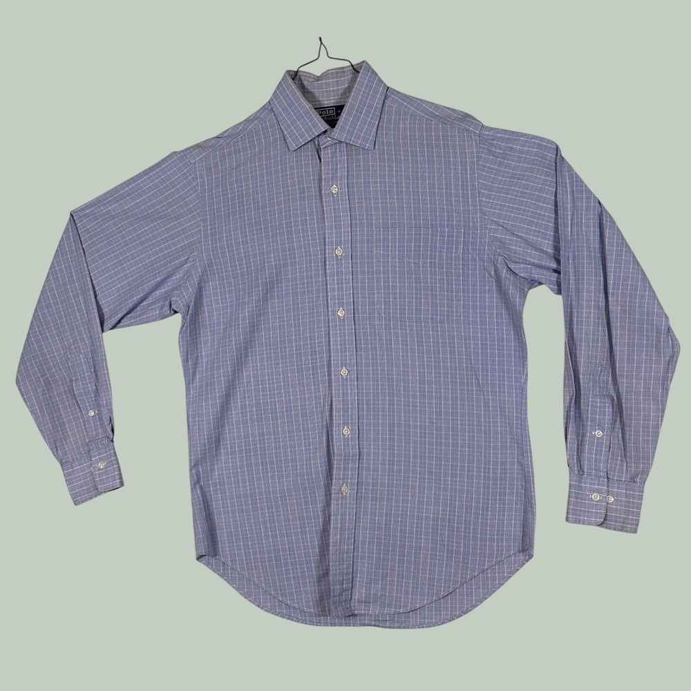 Polo Ralph Lauren Philip Mens 15 34/35 Blue Pink Glen Plaid Cotton Dress Shirt
